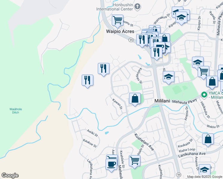 map of restaurants, bars, coffee shops, grocery stores, and more near 95-142 Kuahelani Avenue in Mililani