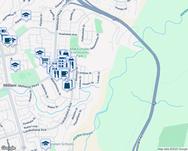 map of restaurants, bars, coffee shops, grocery stores, and more near 95-717 Lahai Street in Mililani