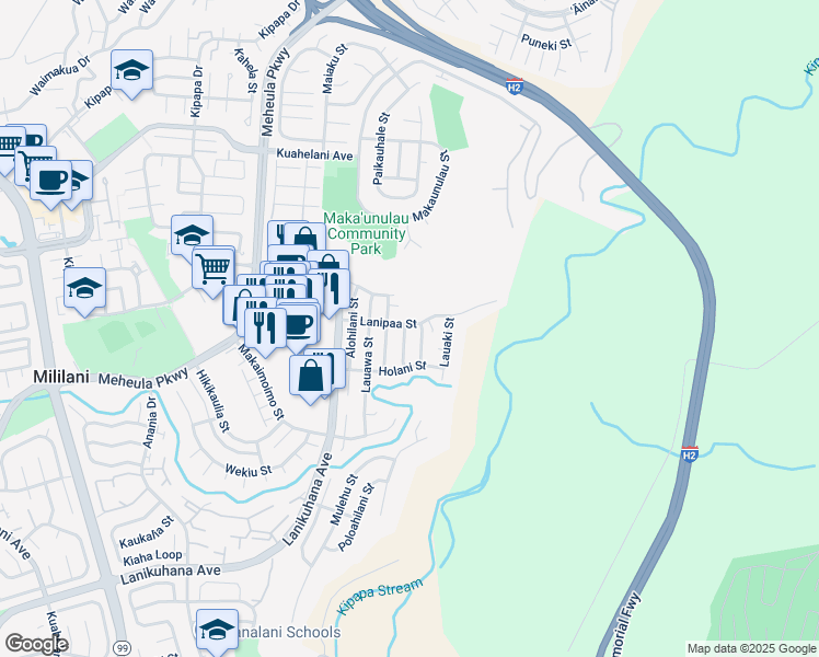 map of restaurants, bars, coffee shops, grocery stores, and more near 95-717 Lahai Street in Mililani