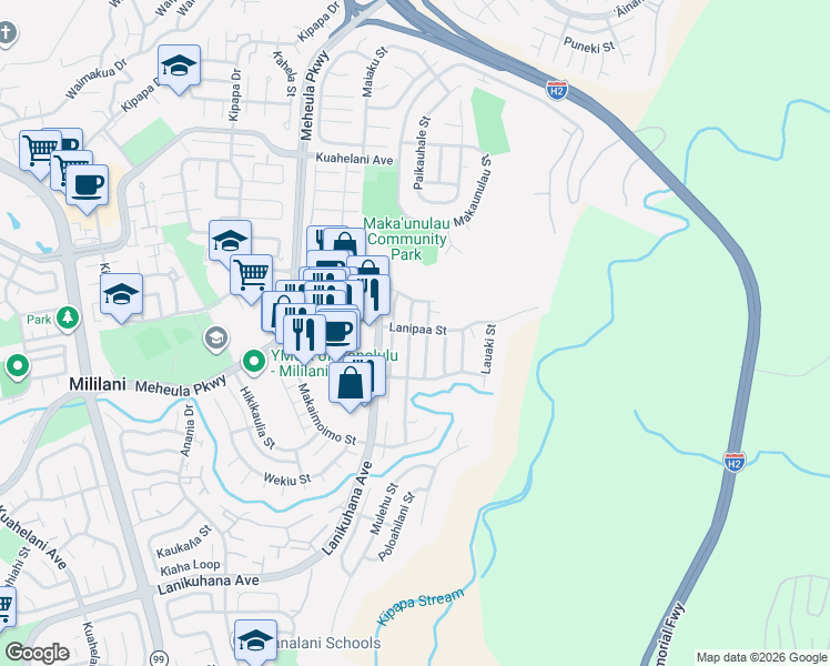 map of restaurants, bars, coffee shops, grocery stores, and more near 95-695 Kelewaa Street in Mililani