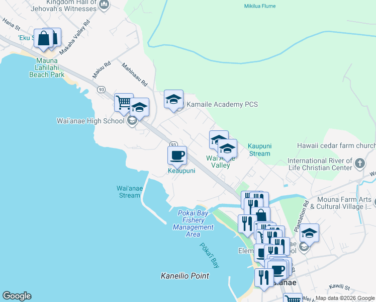 map of restaurants, bars, coffee shops, grocery stores, and more near 85-105J Ala Walua Street in Waianae