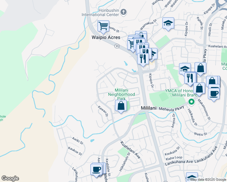 map of restaurants, bars, coffee shops, grocery stores, and more near 95-231 Kaopua Loop in Mililani