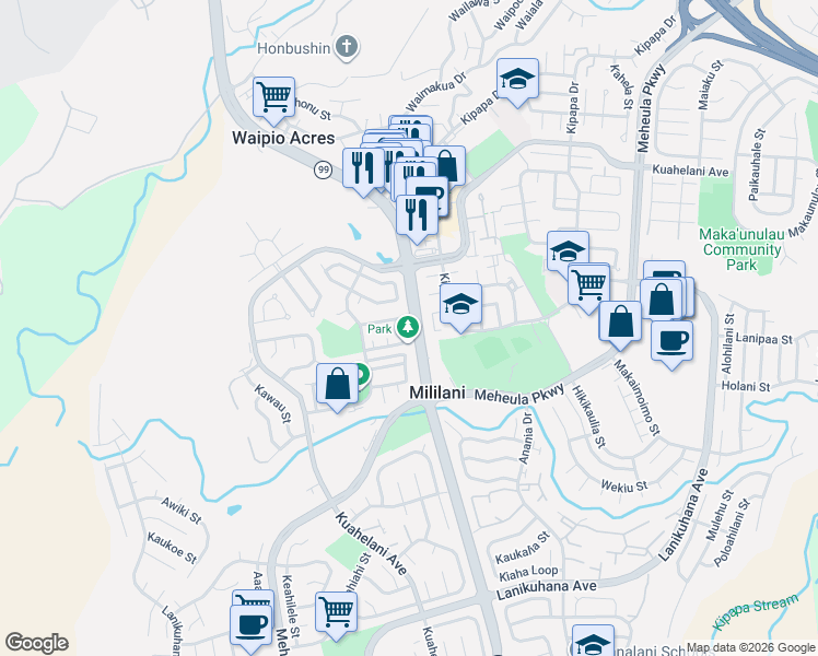 map of restaurants, bars, coffee shops, grocery stores, and more near 95-234 Kailiula Place in Mililani