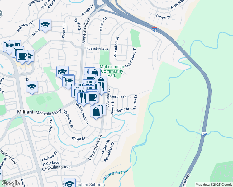 map of restaurants, bars, coffee shops, grocery stores, and more near 95-695 Kelewaa Street in Mililani