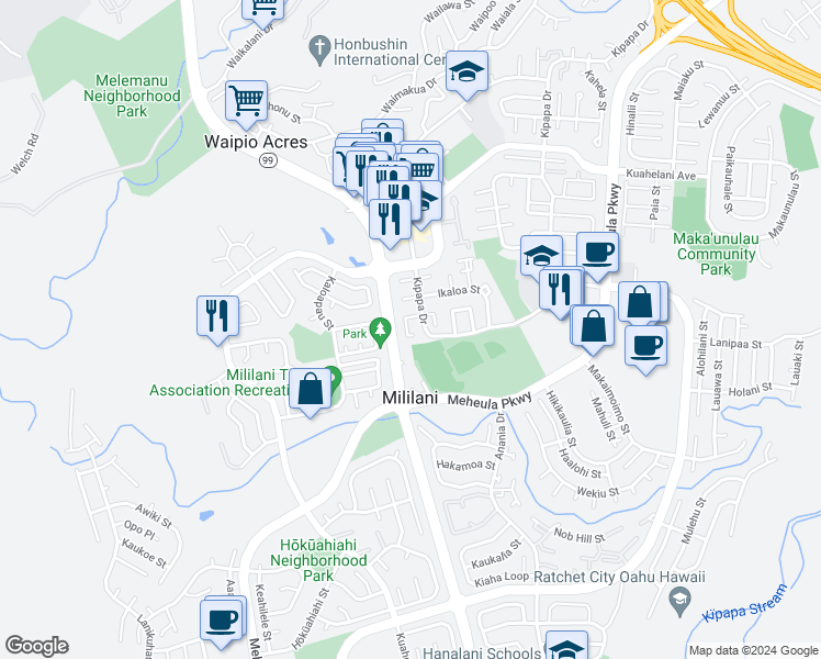 map of restaurants, bars, coffee shops, grocery stores, and more near 95-287 Kaaona Place in Mililani