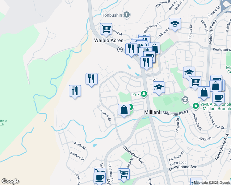 map of restaurants, bars, coffee shops, grocery stores, and more near 95-204 Alaalaa Loop in Mililani
