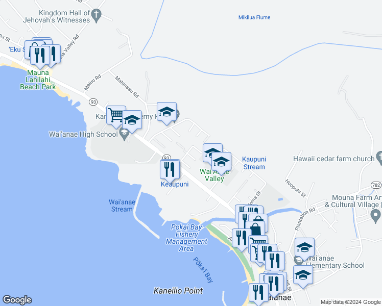 map of restaurants, bars, coffee shops, grocery stores, and more near 85-133 Ala Walua Street in Waianae