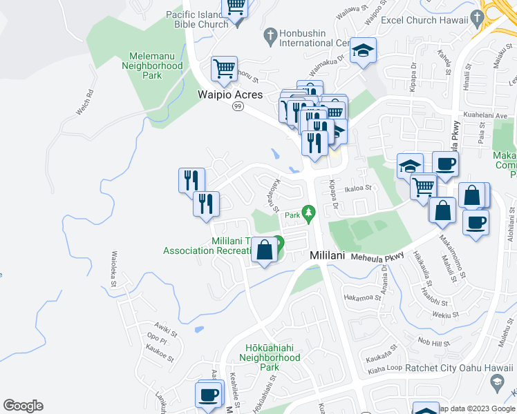 map of restaurants, bars, coffee shops, grocery stores, and more near 95-201 Kahiku Place in Mililani