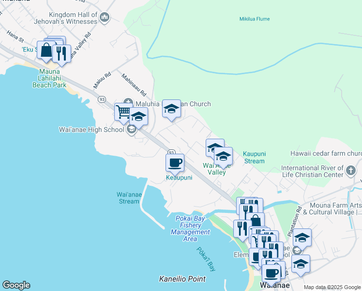 map of restaurants, bars, coffee shops, grocery stores, and more near 85-110 Ala Walua Street in Waianae