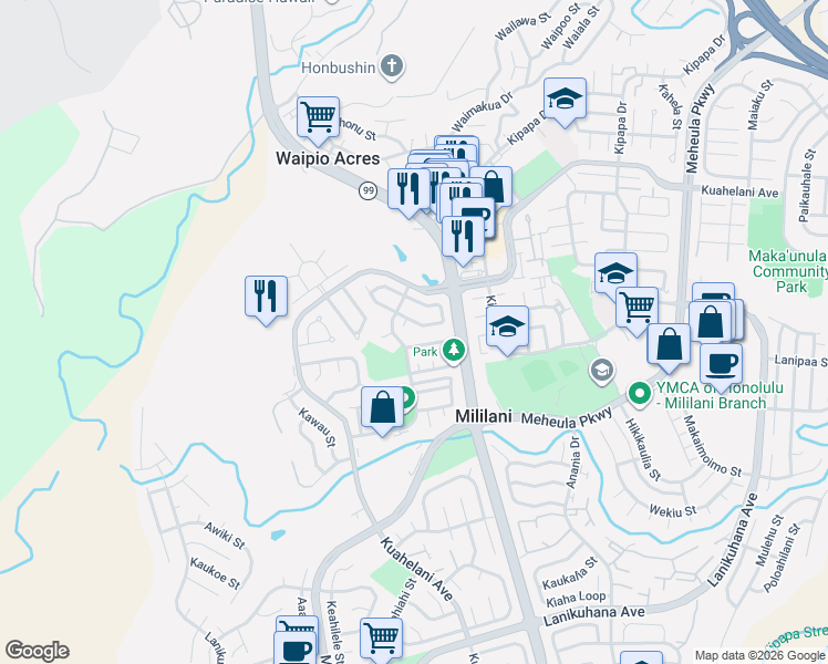 map of restaurants, bars, coffee shops, grocery stores, and more near 95-258 Auhaele Loop in Mililani