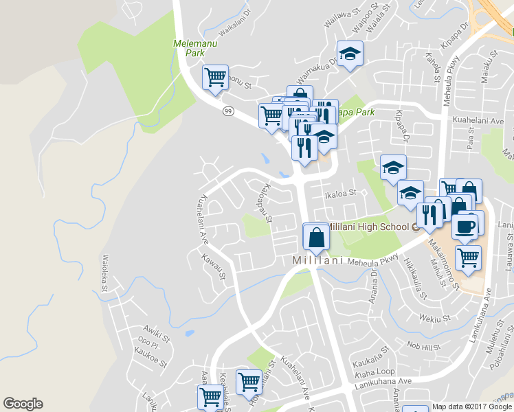 map of restaurants, bars, coffee shops, grocery stores, and more near 95-208 Kahiku Place in Mililani
