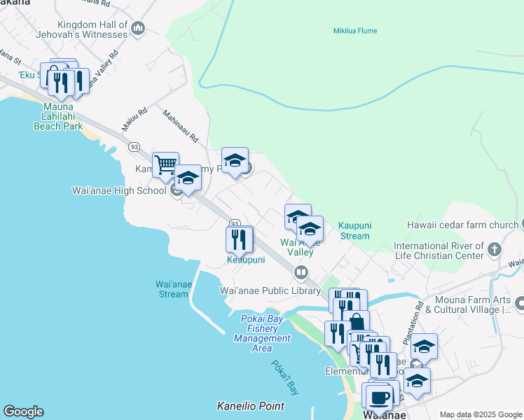 map of restaurants, bars, coffee shops, grocery stores, and more near 85-140 Ala Walua Street in Waianae