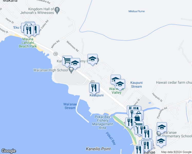 map of restaurants, bars, coffee shops, grocery stores, and more near 85-110 Ala Walua Street in Waianae