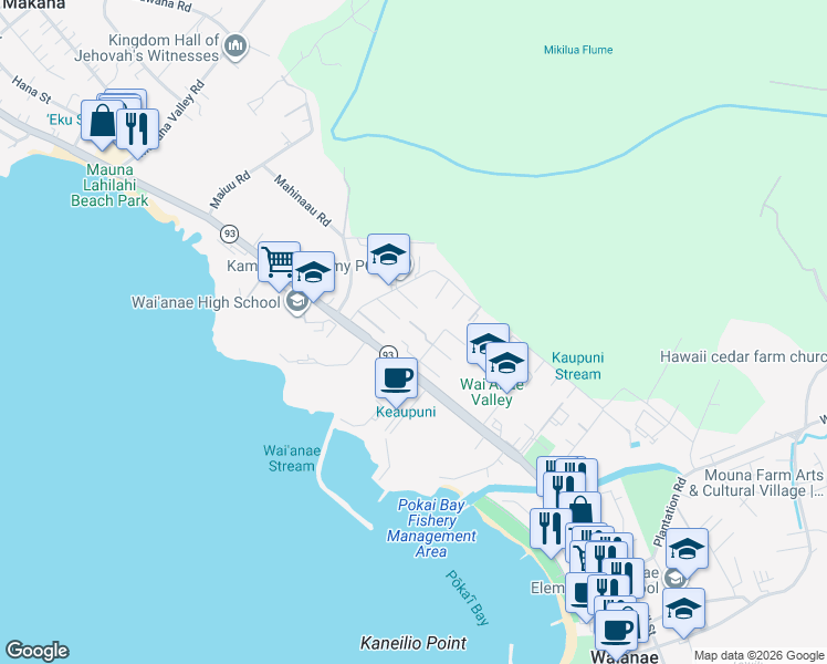 map of restaurants, bars, coffee shops, grocery stores, and more near 85-110 Ala Walua Street in Waianae