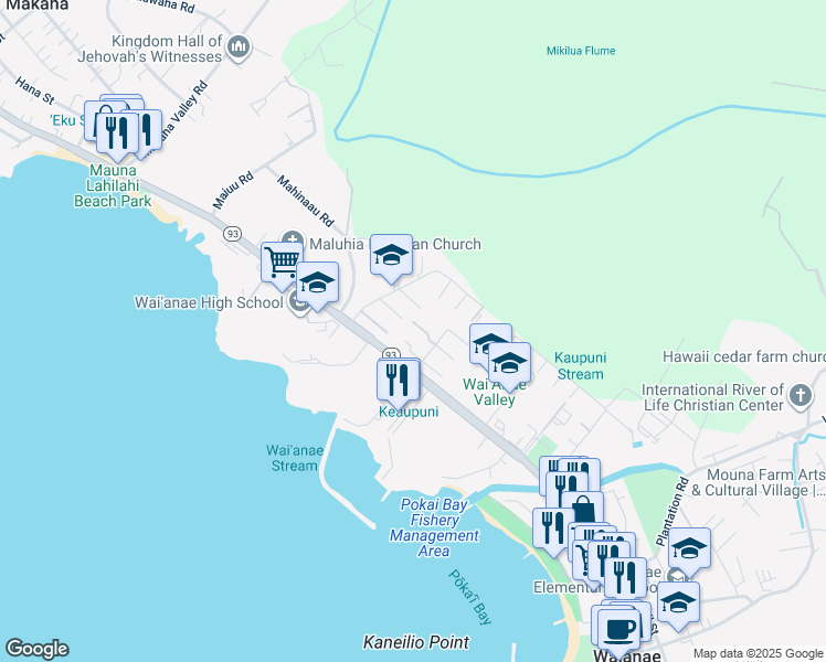 map of restaurants, bars, coffee shops, grocery stores, and more near 85-110 Ala Walua Street in Waianae