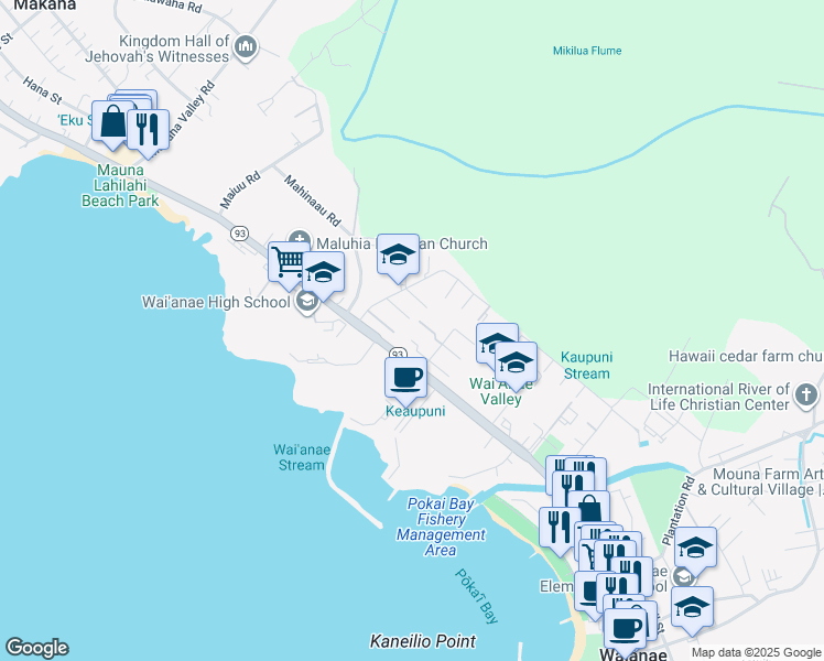 map of restaurants, bars, coffee shops, grocery stores, and more near 85-110 Ala Walua Street in Waianae