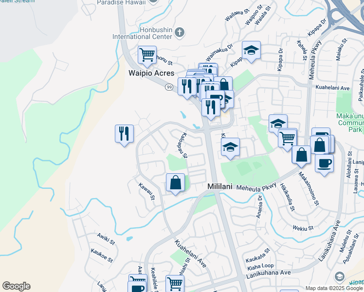 map of restaurants, bars, coffee shops, grocery stores, and more near 95-208 Kahiku Place in Mililani