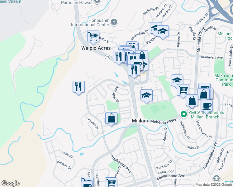 map of restaurants, bars, coffee shops, grocery stores, and more near 95-208 Kahiku Place in Mililani