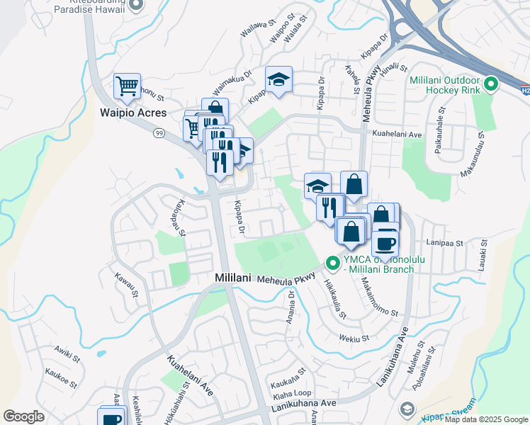 map of restaurants, bars, coffee shops, grocery stores, and more near 95-385 Waia Loop in Mililani