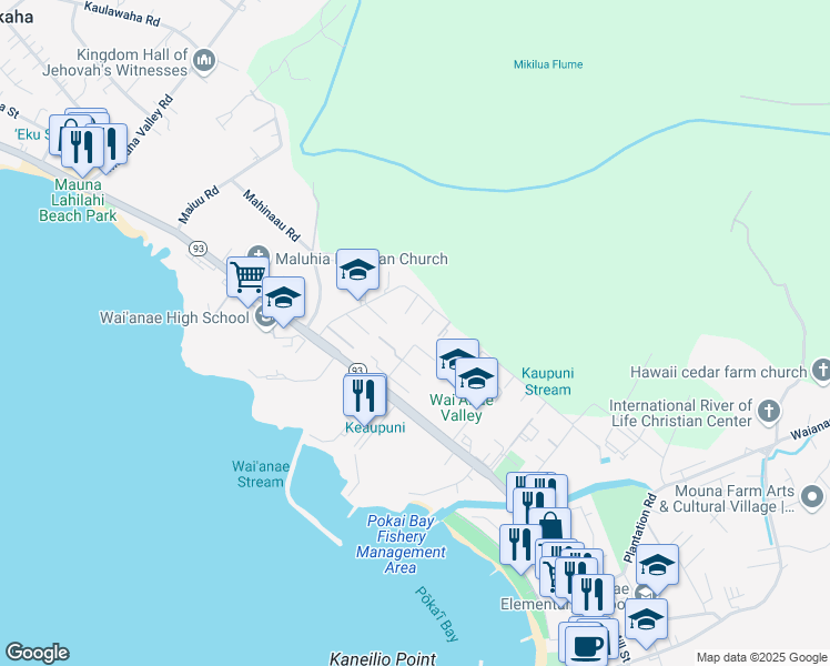 map of restaurants, bars, coffee shops, grocery stores, and more near 85-140 Ala Walua Street in Waianae
