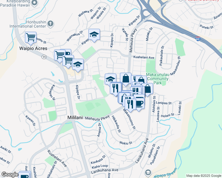 map of restaurants, bars, coffee shops, grocery stores, and more near 95-502 Kipapa Drive in Mililani