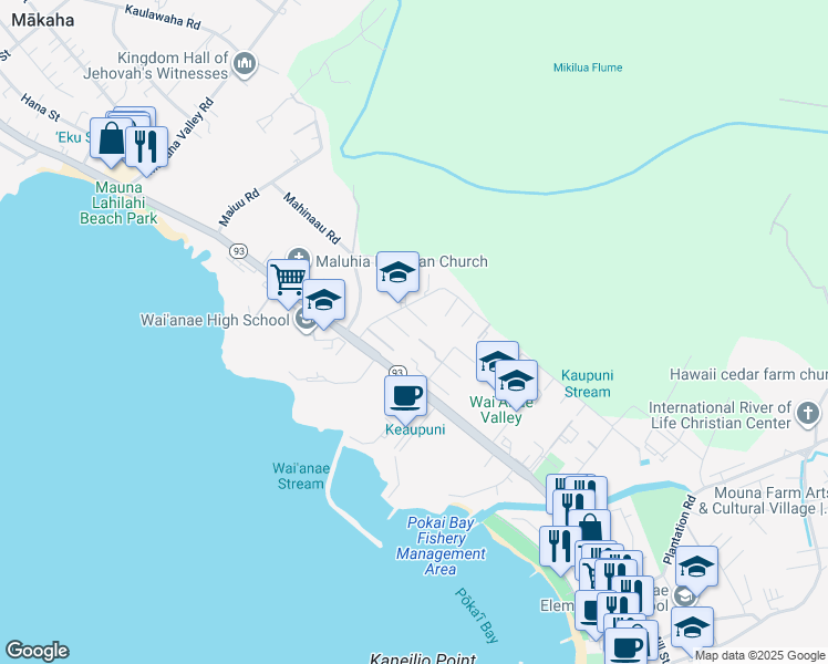 map of restaurants, bars, coffee shops, grocery stores, and more near 85-110 Ala Walua Street in Waianae