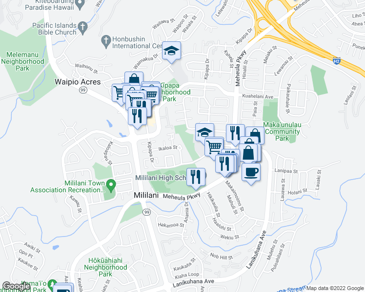 map of restaurants, bars, coffee shops, grocery stores, and more near 95-590 Naholoholo Street in Mililani