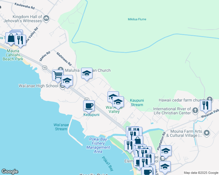 map of restaurants, bars, coffee shops, grocery stores, and more near 85-223 Ala Akau Street in Waianae