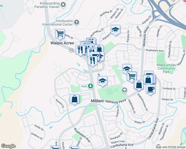 map of restaurants, bars, coffee shops, grocery stores, and more near 95-310 Alo Place in Mililani