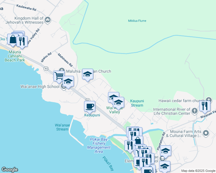 map of restaurants, bars, coffee shops, grocery stores, and more near 85-223 Ala Akau Street in Waianae