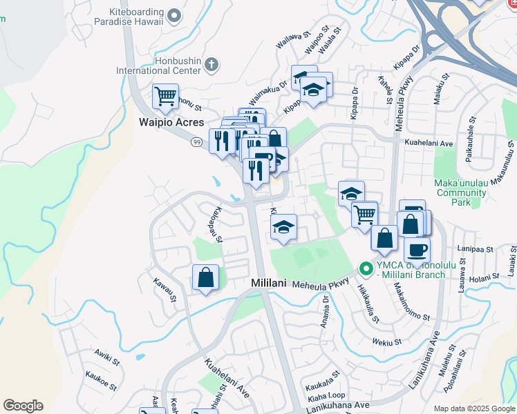 map of restaurants, bars, coffee shops, grocery stores, and more near 95-310 Alo Place in Mililani