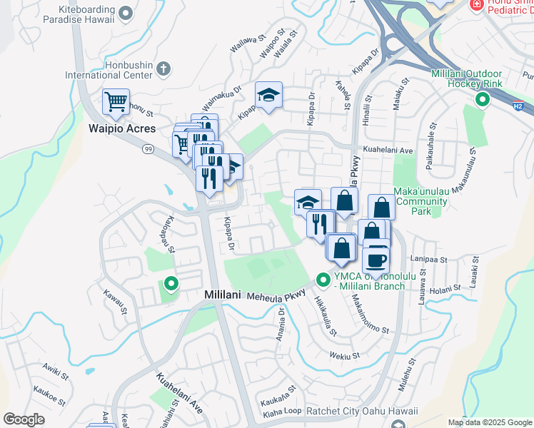 map of restaurants, bars, coffee shops, grocery stores, and more near 95-302 Kahikinui Court in Mililani