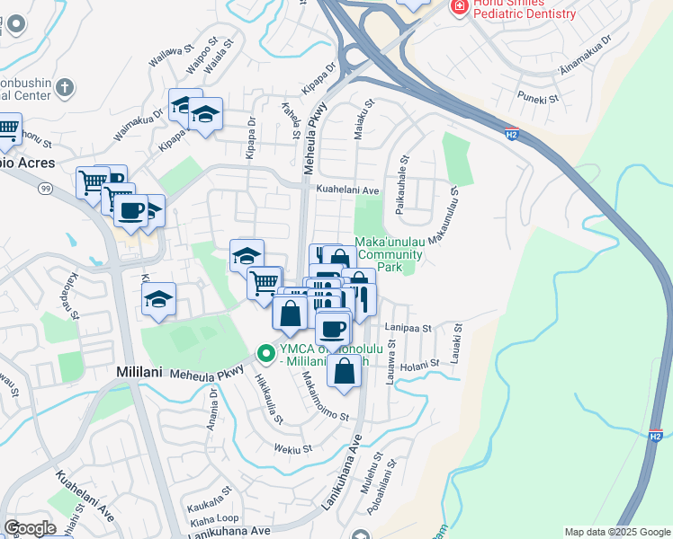 map of restaurants, bars, coffee shops, grocery stores, and more near 95-713 Lanikuhana Avenue in Mililani