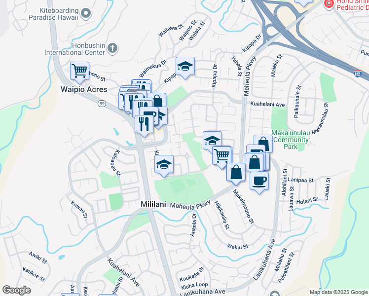 map of restaurants, bars, coffee shops, grocery stores, and more near 95-302 Kahikinui Court in Mililani