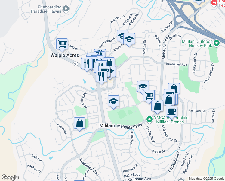 map of restaurants, bars, coffee shops, grocery stores, and more near 95-340 Pohina Place in Mililani