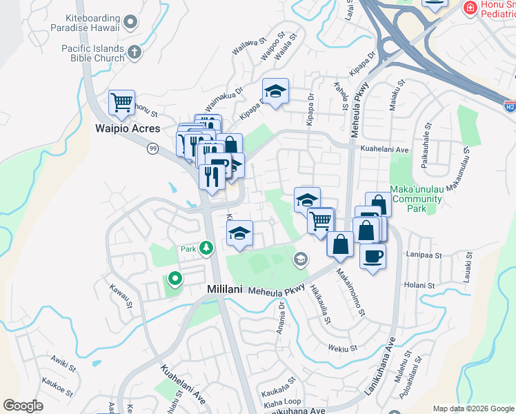 map of restaurants, bars, coffee shops, grocery stores, and more near 95-302 Kahikinui Court in Mililani