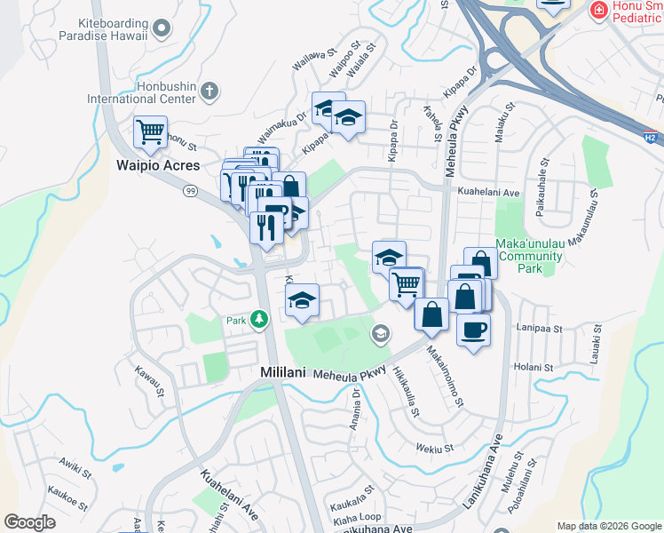 map of restaurants, bars, coffee shops, grocery stores, and more near 95-302 Kahikinui Court in Mililani