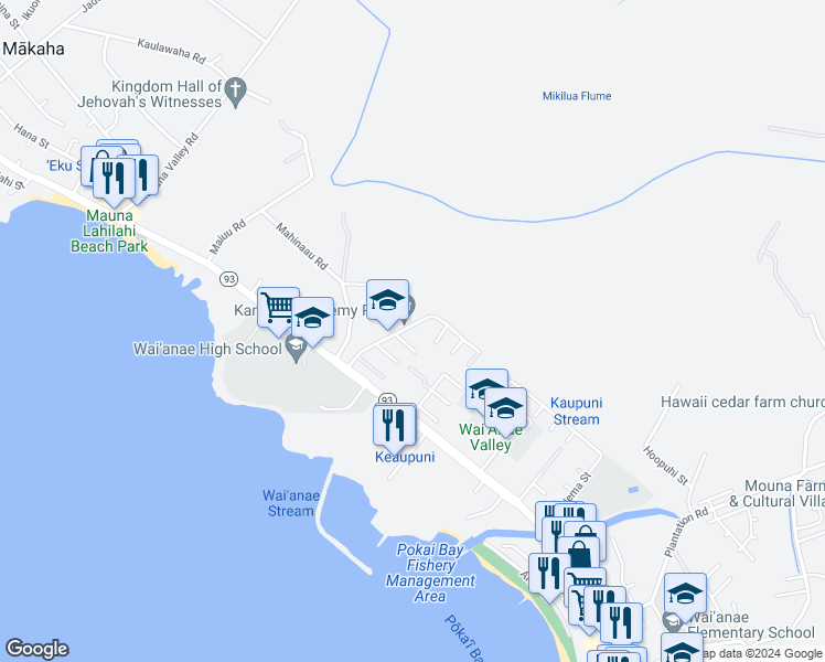 map of restaurants, bars, coffee shops, grocery stores, and more near 85-165 Ala Akau Street in Waianae