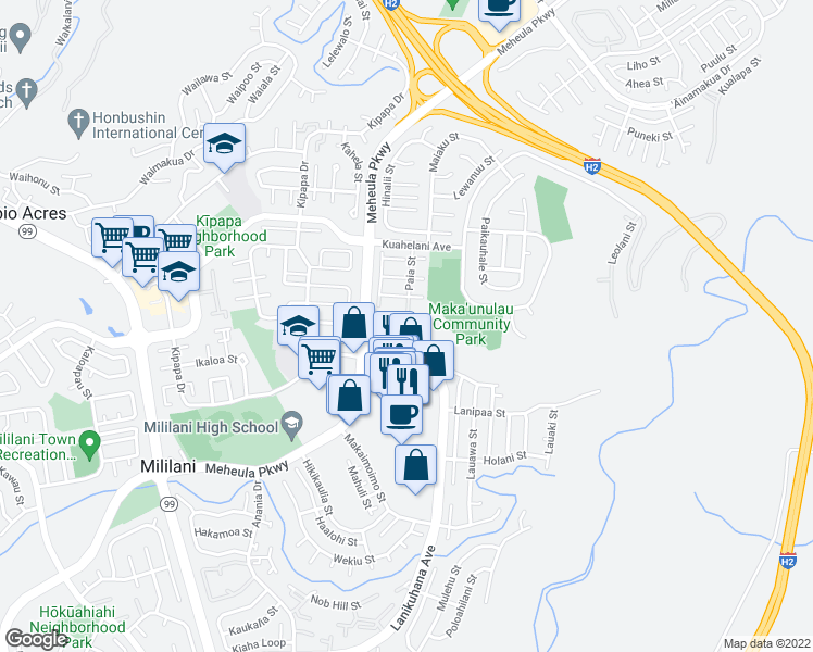 map of restaurants, bars, coffee shops, grocery stores, and more near 95-713 Lanikuhana Avenue in Mililani