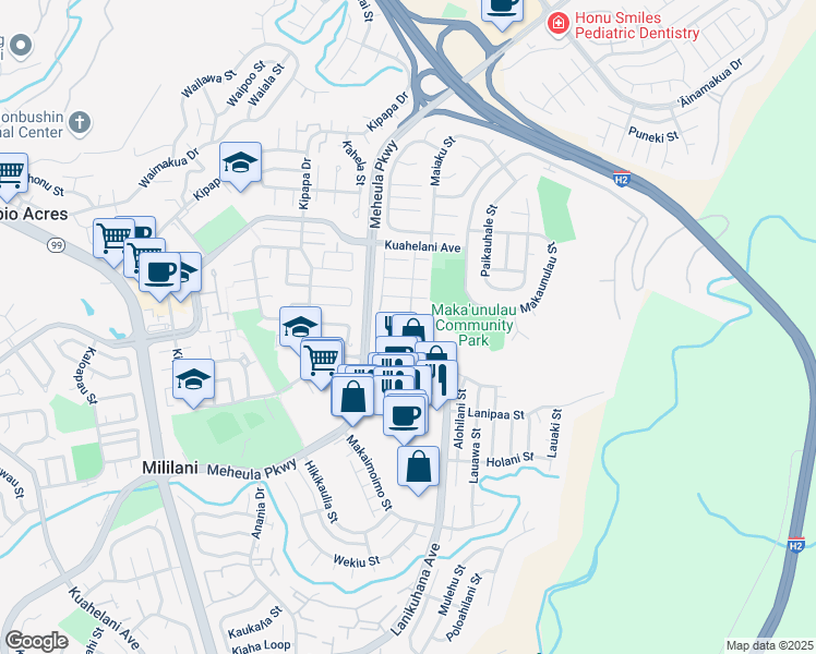 map of restaurants, bars, coffee shops, grocery stores, and more near 95-713 Lanikuhana Avenue in Mililani