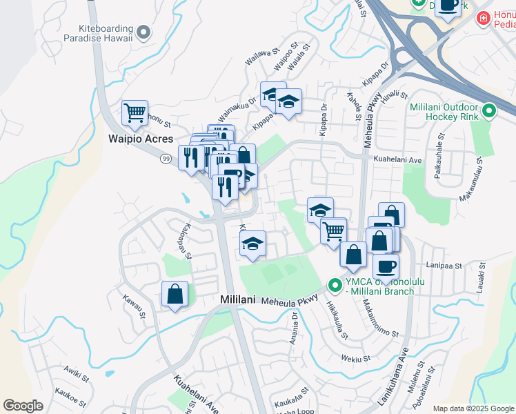 map of restaurants, bars, coffee shops, grocery stores, and more near 95-340 Pohina Place in Mililani