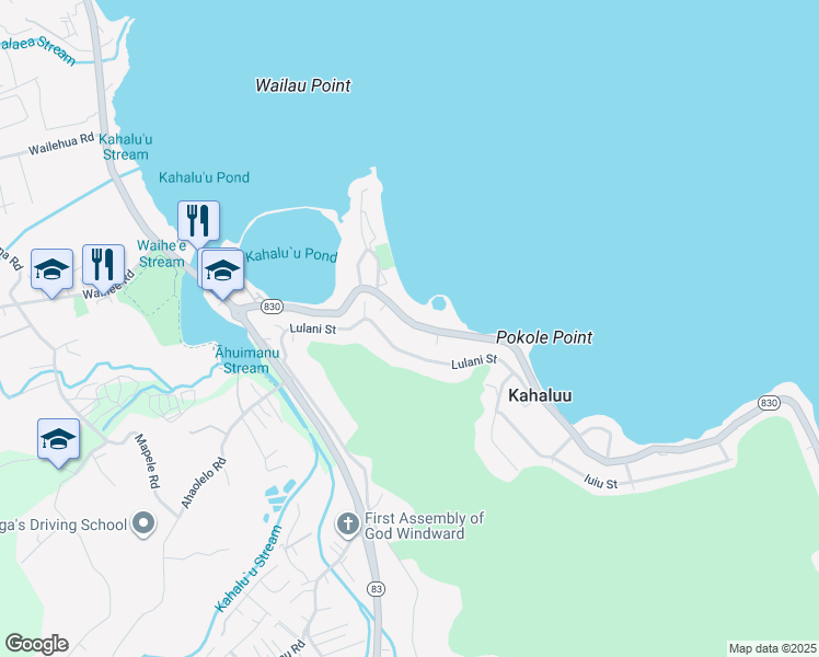 map of restaurants, bars, coffee shops, grocery stores, and more near 47-415 Lulani Street in Kaneohe