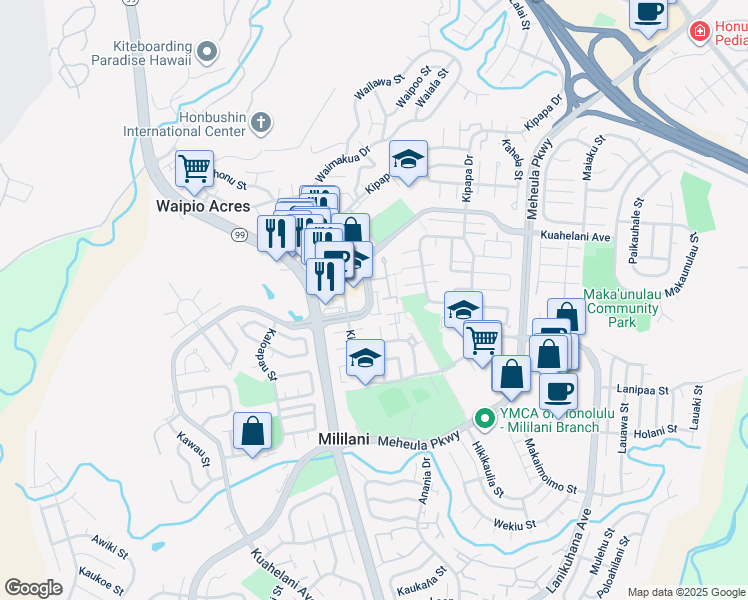 map of restaurants, bars, coffee shops, grocery stores, and more near 95-370 Kuahelani Avenue in Mililani