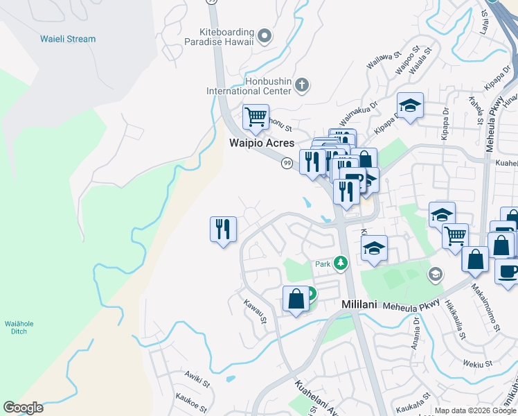map of restaurants, bars, coffee shops, grocery stores, and more near 95-208 Ikaika Place in Mililani