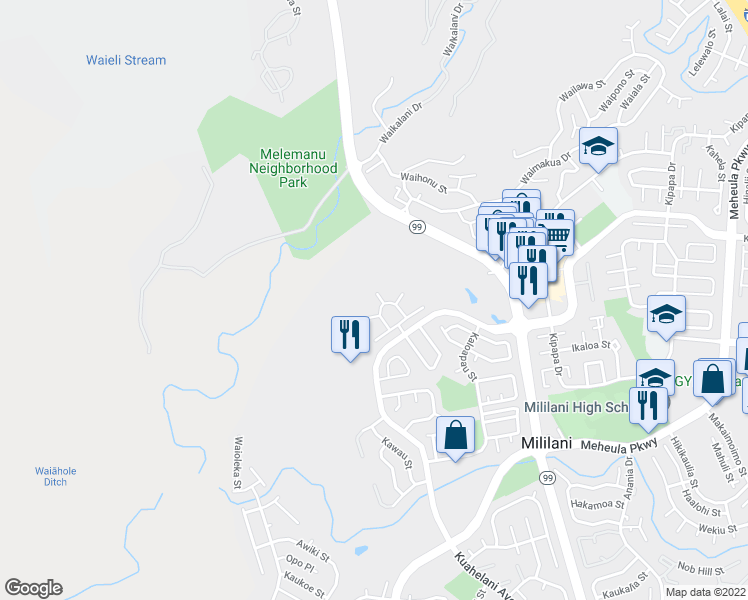 map of restaurants, bars, coffee shops, grocery stores, and more near 95-191 Hilinehu Place in Mililani