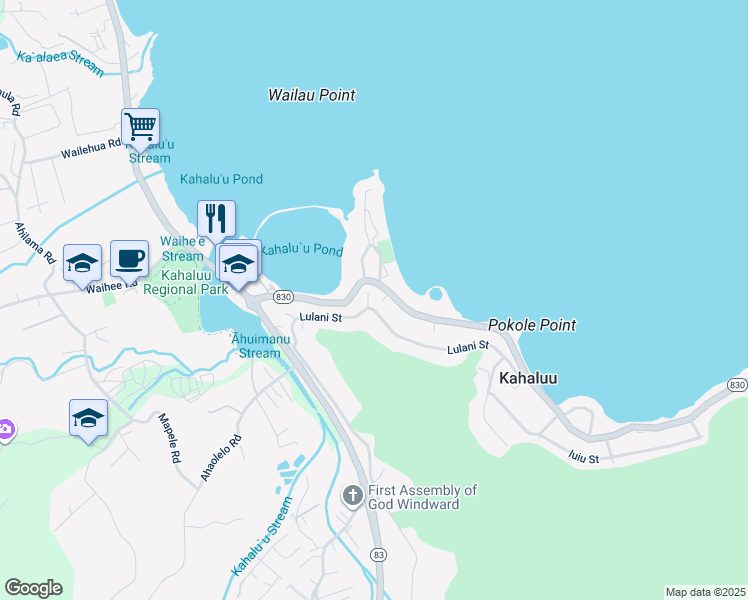 map of restaurants, bars, coffee shops, grocery stores, and more near 47-111 Lulani Place in Kaneohe