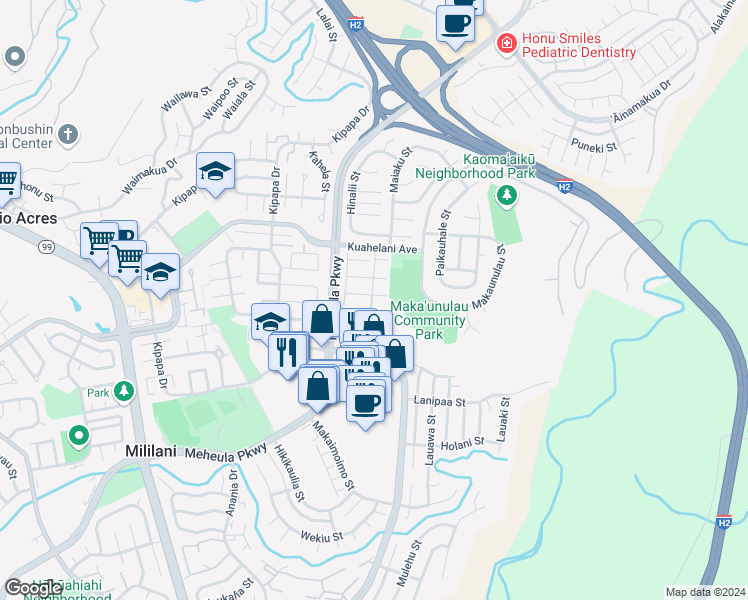 map of restaurants, bars, coffee shops, grocery stores, and more near 95-659 Hanile Street in Mililani