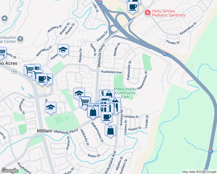map of restaurants, bars, coffee shops, grocery stores, and more near 95-659 Hanile Street in Mililani