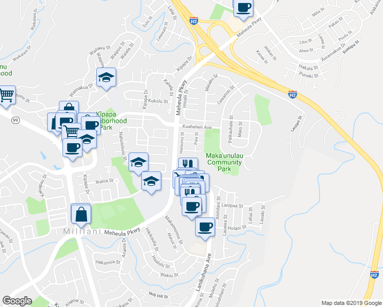 map of restaurants, bars, coffee shops, grocery stores, and more near 95-659 Hanile Street in Mililani