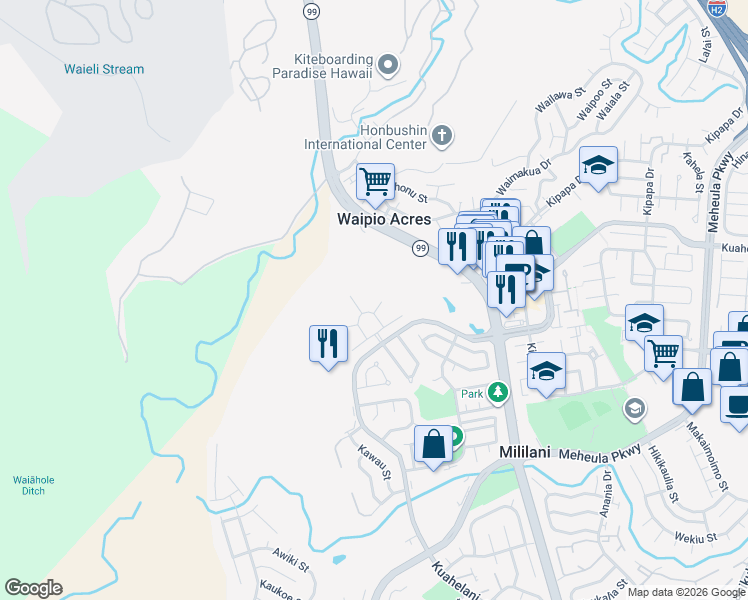 map of restaurants, bars, coffee shops, grocery stores, and more near 95-208 Ikaika Place in Mililani